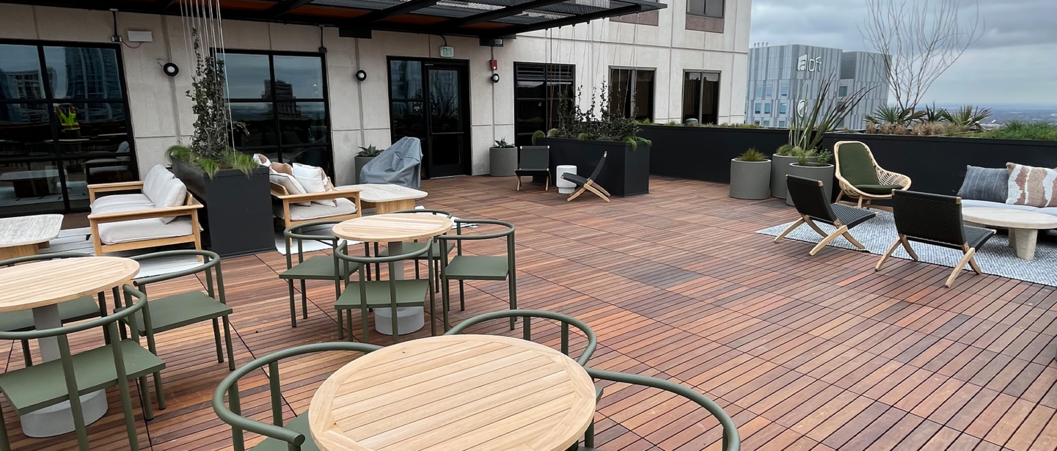 Architectural Enhancements on 600 Congress Rooftop - by Schulte Roofing Architectural details, including a metal sunscreen shade and eyebrow window, on the 600 Congress rooftop in Austin by Schulte Roofing.