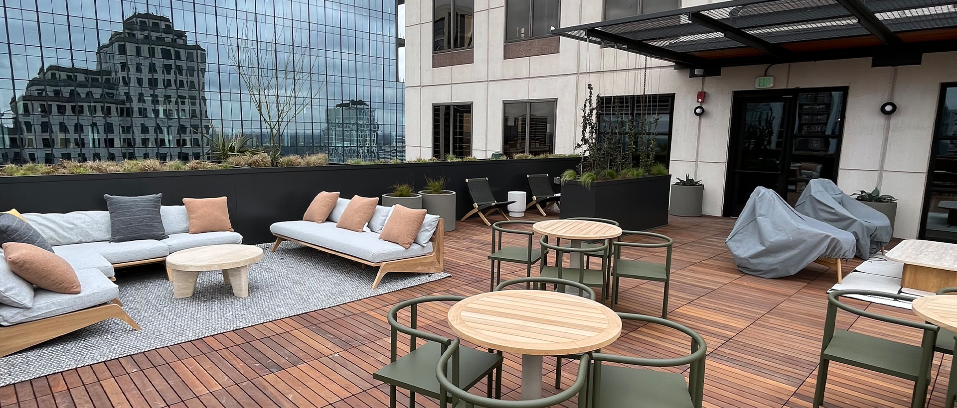 600 Congress Rooftop Transformation in Austin Custom water management system with tapered insulation and flashings integrated into the 600 Congress rooftop by Schulte Roofing.