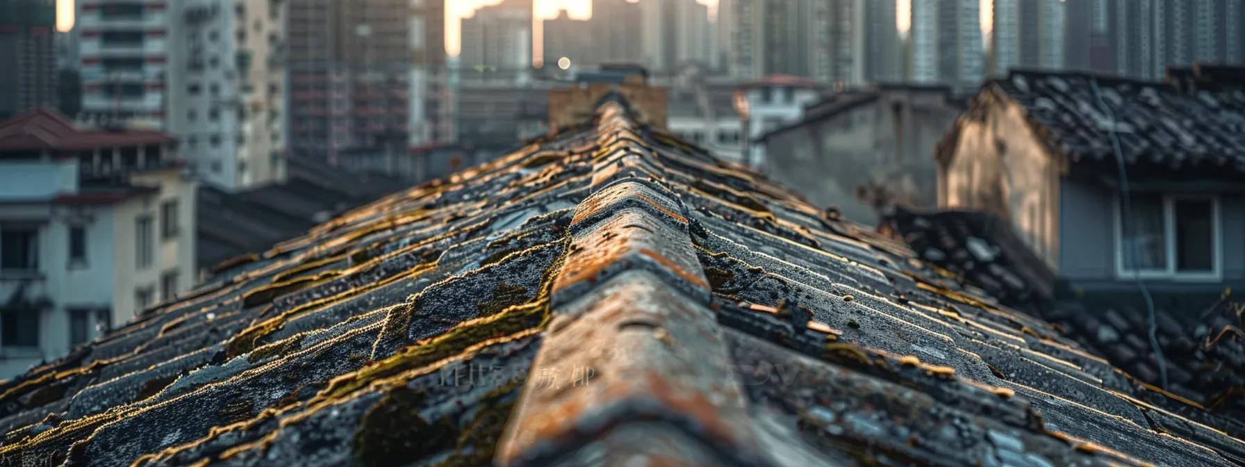 a close-up of a worn roof with visible wear and tear, set against the backdrop of a modern urban skyline, capturing the urgency of assessing roof conditions amidst the bustle of city life.