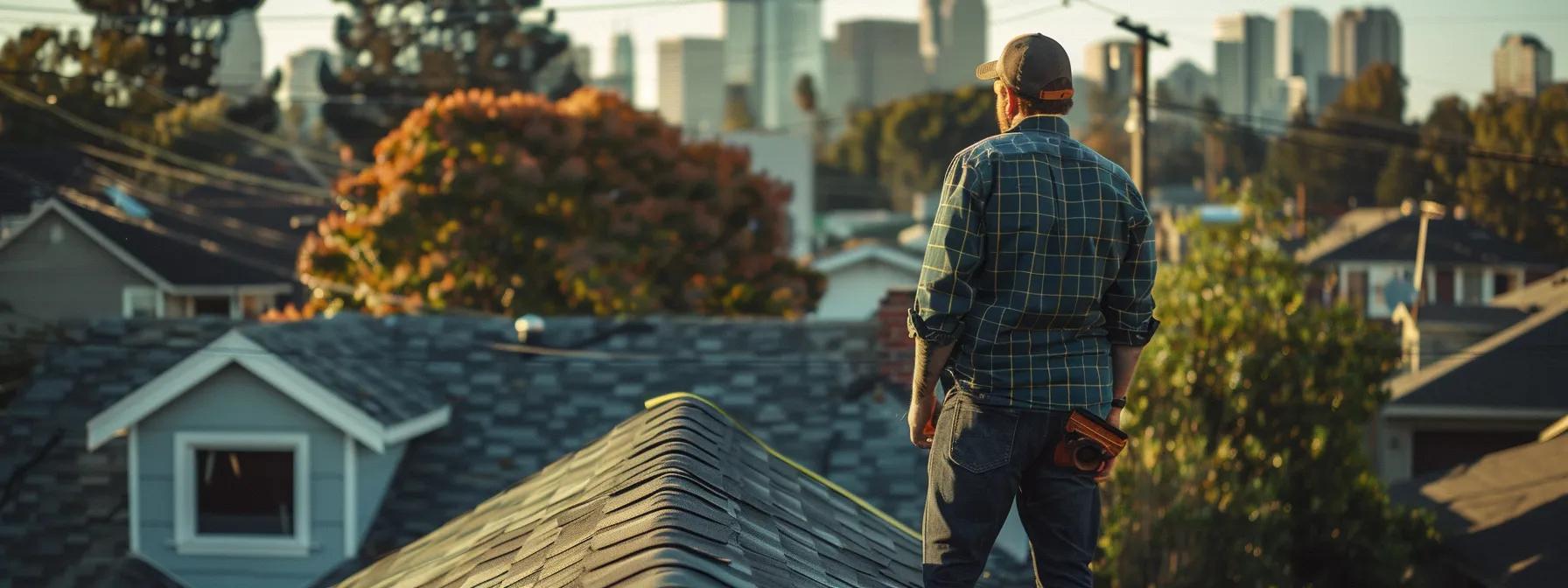 a detailed view of a modern home’s roof showcasing a skilled technician inspecting shingles and assessing repair needs, with an urban skyline in the background emphasizing the importance of roofing maintenance for homeowners.