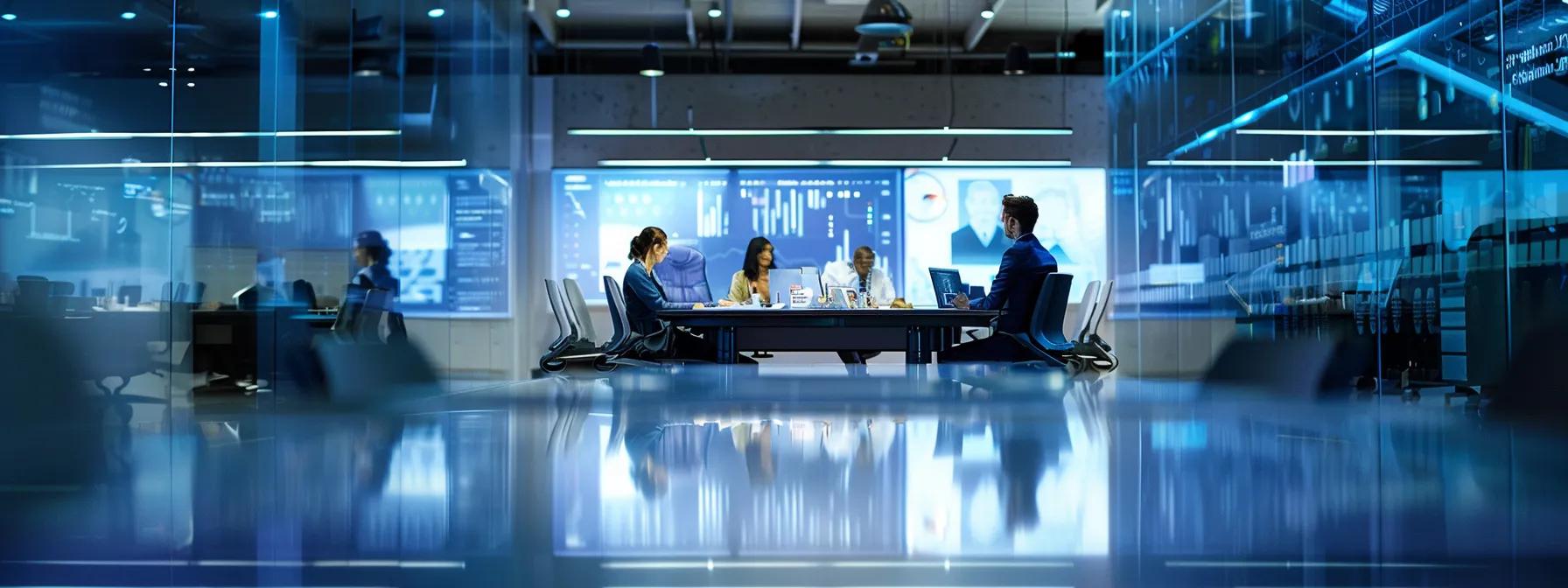a modern office environment showcases a sleek conference table, with an animated discussion between professionals examining graphs and charts that compare roof repair costs and insurance payouts, illuminated by sharp overhead lighting.