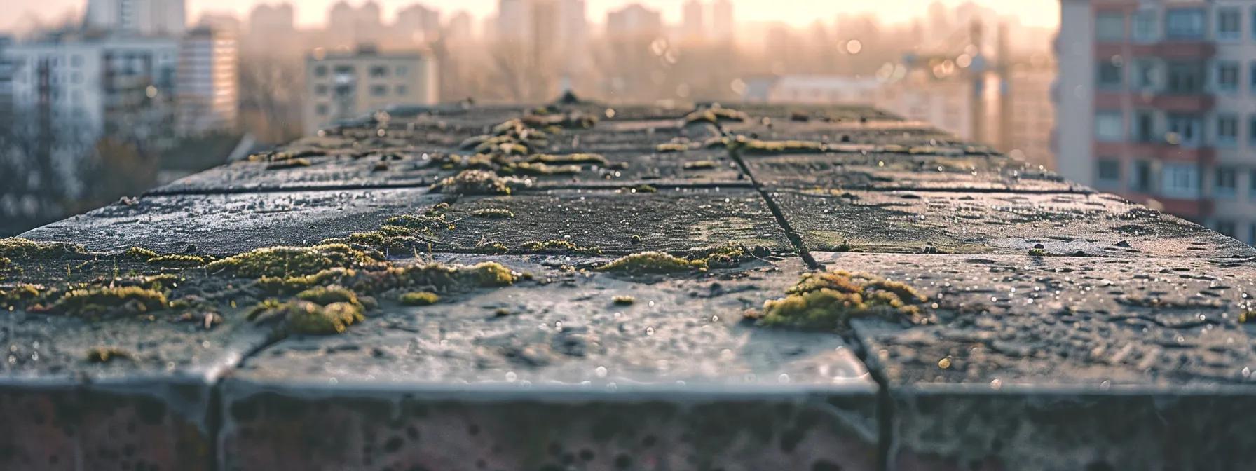 a detailed close-up shot of a worn rooftop, showcasing contrasting sections of evident deterioration and areas exhibiting normal wear and tear, with a muted urban skyline in the background to emphasize the theme of roof maintenance.