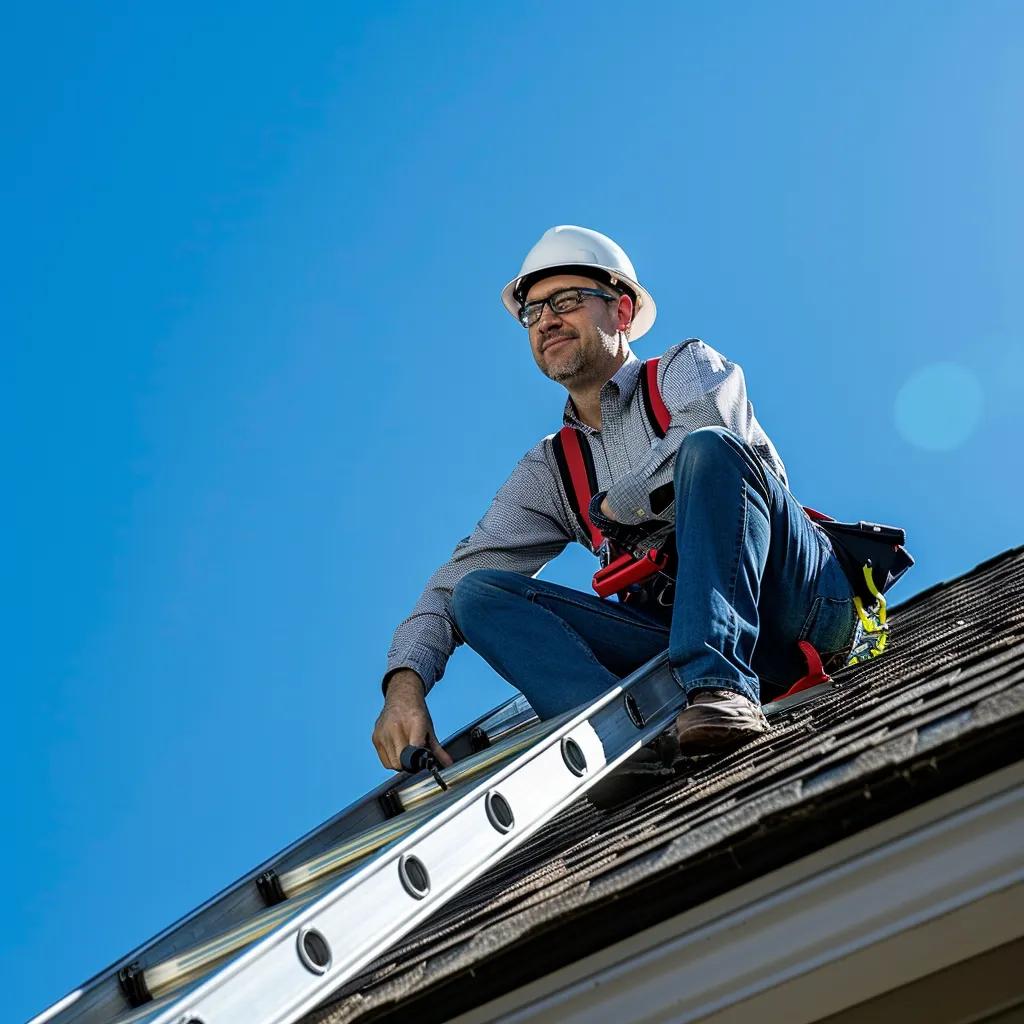 a high-angle view of a professional inspector meticulously examining a home's roof from atop a sturdy ladder against a clear blue sky, highlighting the importance of thorough roof inspections for homeowners.
