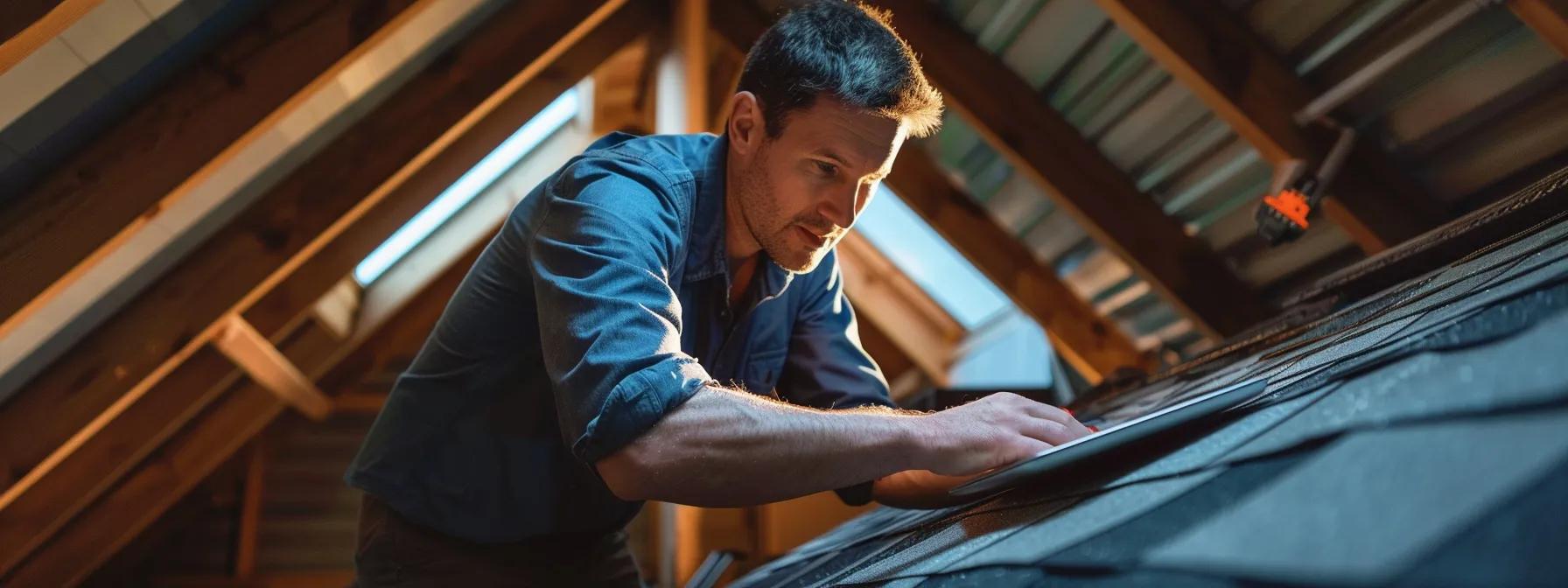 a confident insurance adjuster examines storm-damaged roofing shingles in a well-lit office with architectural blueprints and a laptop open, symbolizing the meticulous process of maximizing roof insurance claims.