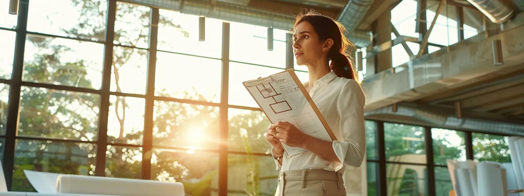 an upscale office environment showcases a confident business professional standing confidently with a notepad, surrounded by blueprints and roofing materials, symbolizing the critical questions to consider when hiring a commercial roofing company in san antonio.