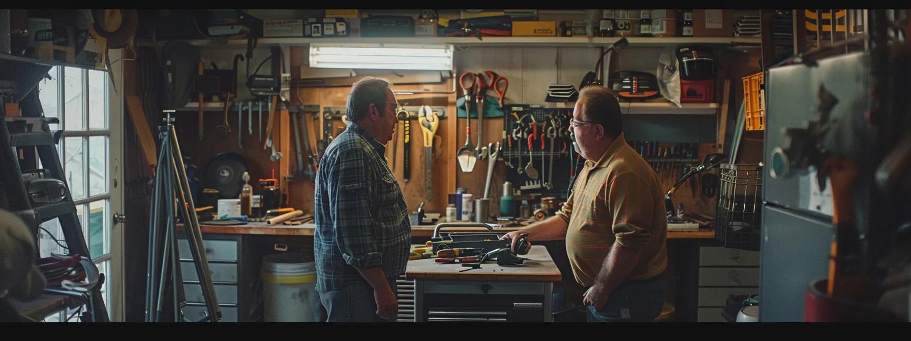 a candid shot of a concerned homeowner discussing roofing repairs with a professional contractor inside a well-lit garage, surrounded by tools and materials, clearly illustrating the theme of weighing the value of roof repair expenses.