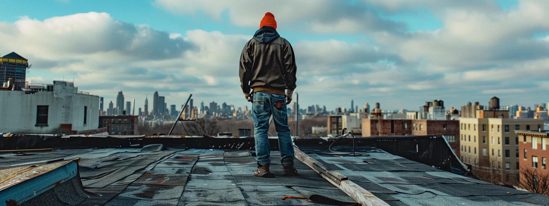 a close-up view of a professional roofing contractor inspecting a weathered roof with visible damage, focused on areas suffering from common roofing issues, set against an urban skyline in the background.